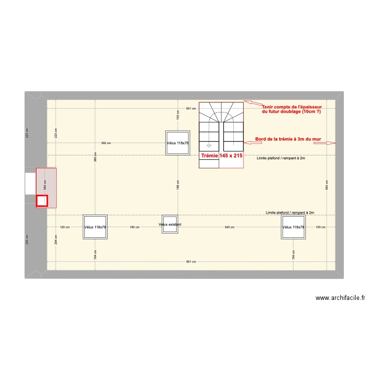 Plan étage pour implantation des Velux. Plan de 1 pièce et 54 m2