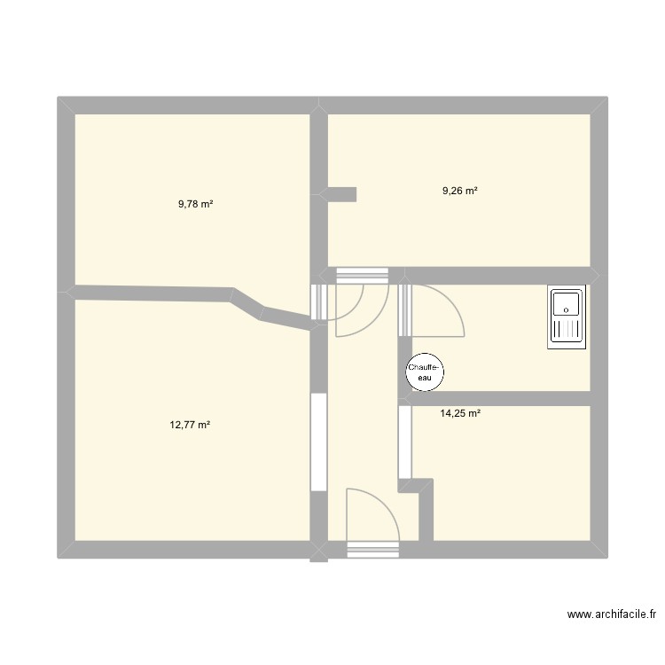 T3 2 chambres. Plan de 4 pièces et 46 m2