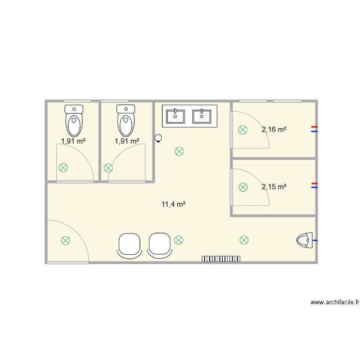 vestiaires. Plan de 5 pièces et 20 m2