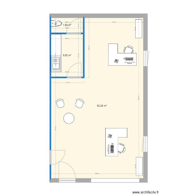 BUREAUX SEULS. Plan de 3 pièces et 60 m2