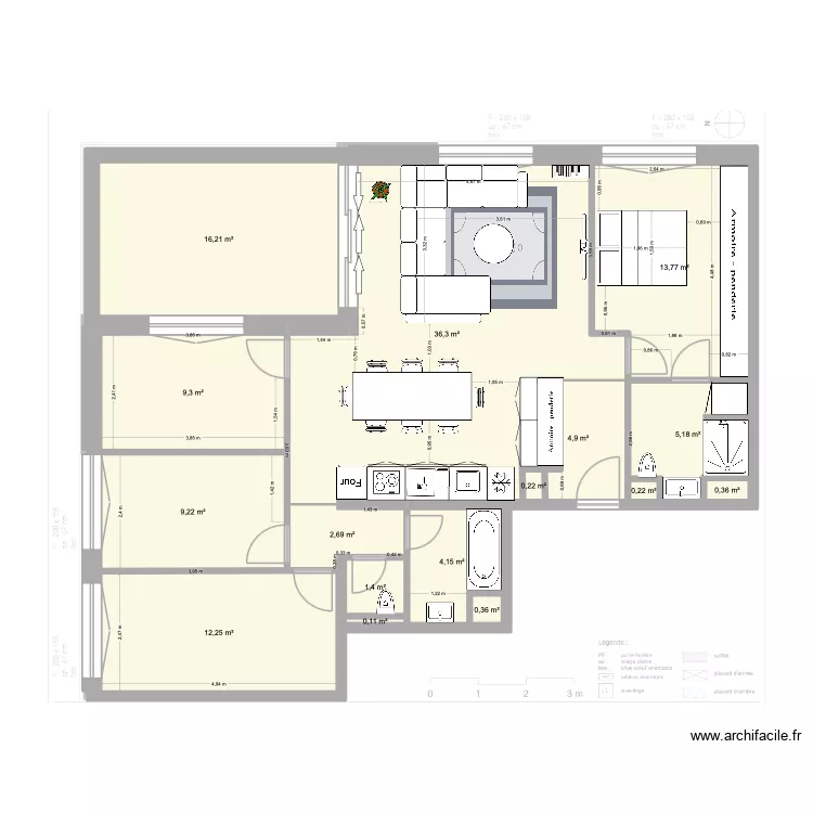 Plan de Base L+G meubl&eacute;7 grand canap&eacute; et table. Plan de 16  et 117 m²