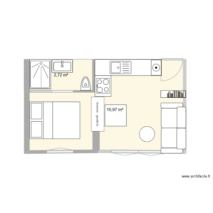 studio réaménagé. Plan de 2 pièces et 20 m2