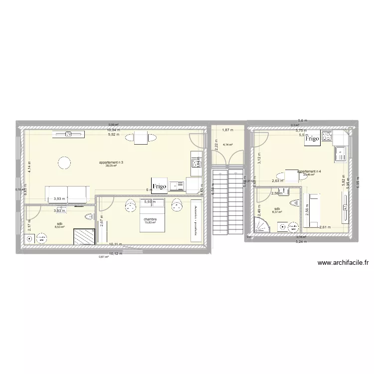 2eme actuel. Plan de 13  et 99 m²