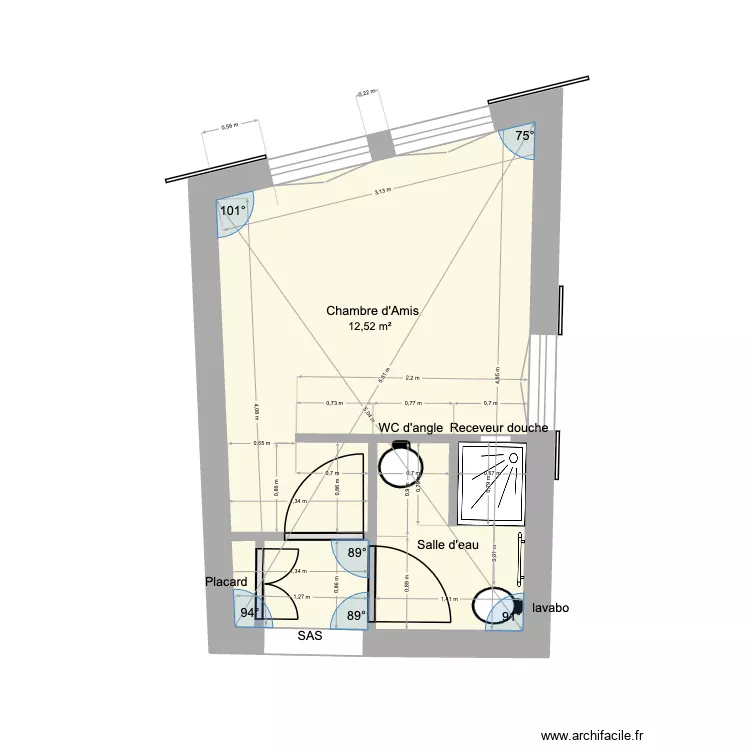 Chambre d\'amis_Cabnt toilette. Plan de 1  et 13 m²