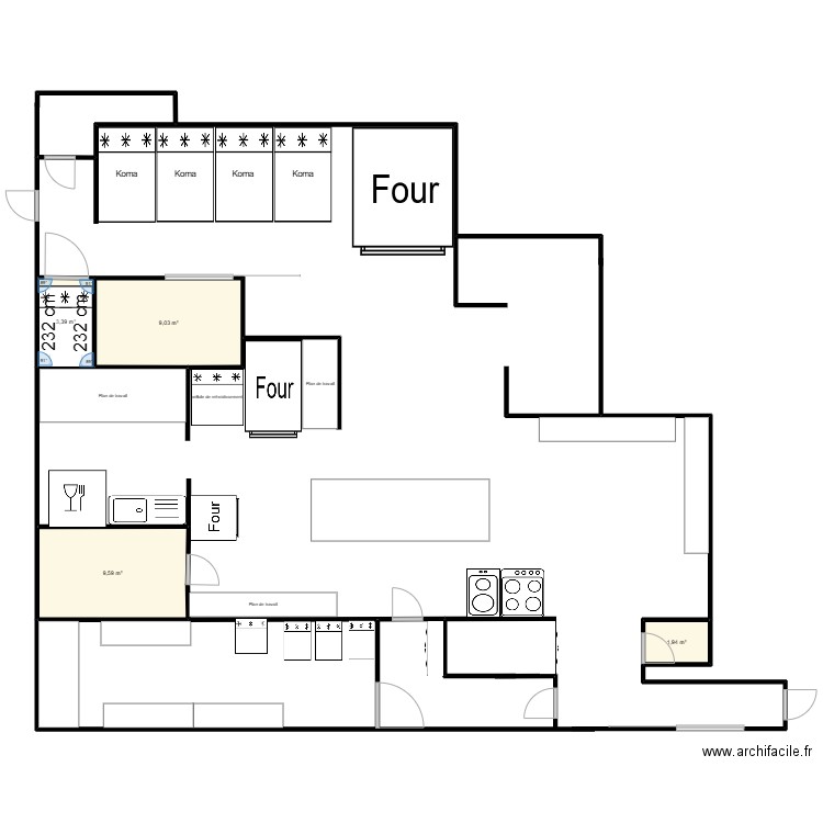 Labo patisserie. Plan de 4 pièces et 24 m2