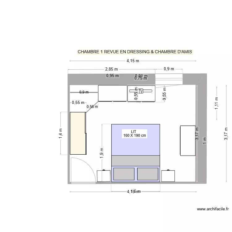 CHAMBRE 1 amenagee en  chambre d'amis et dressing REV 27 av25. Plan de 