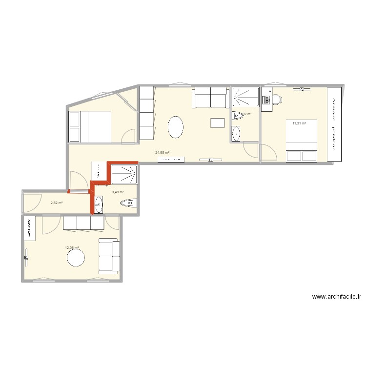 CALIFORNIE 1 STUDIO ET 3 PIECES. Plan de 6 pièces et 58 m2