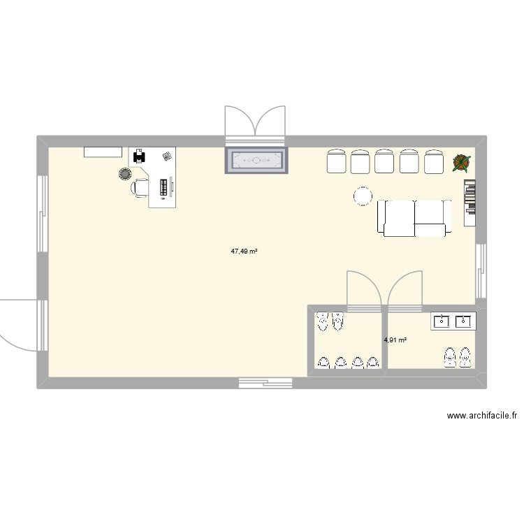 zone de réception. Plan de 2 pièces et 52 m2