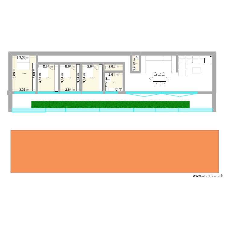 earthship sans couloir familles 5. Plan de 7 pièces et 62 m2
