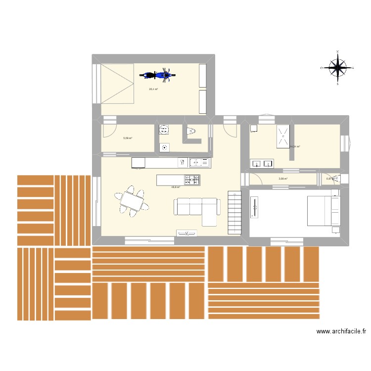 RDJ. Plan de 6 pièces et 93 m2