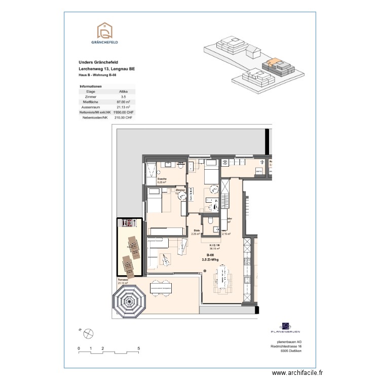 Lengnau plan de base avec nos meubles. Plan de 1 pièce et 10 m2