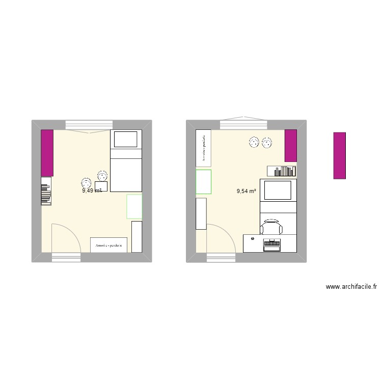 Chambre anaïs. Plan de 2 pièces et 19 m2