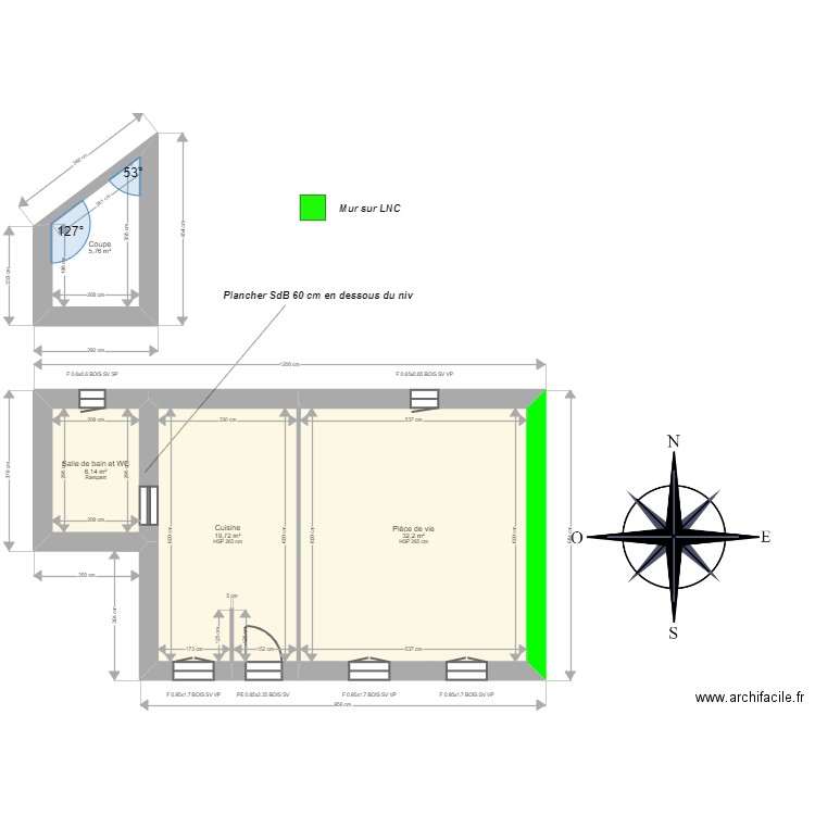 ML24002399 . Plan de 4 pièces et 64 m2