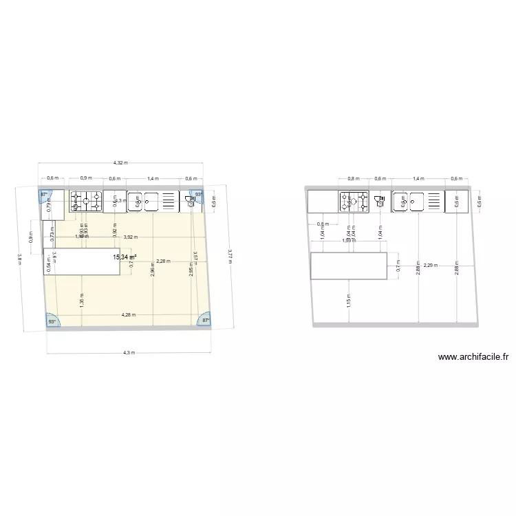 cuisine salle des f&ecirc;tes. Plan de 1  et 15 m²