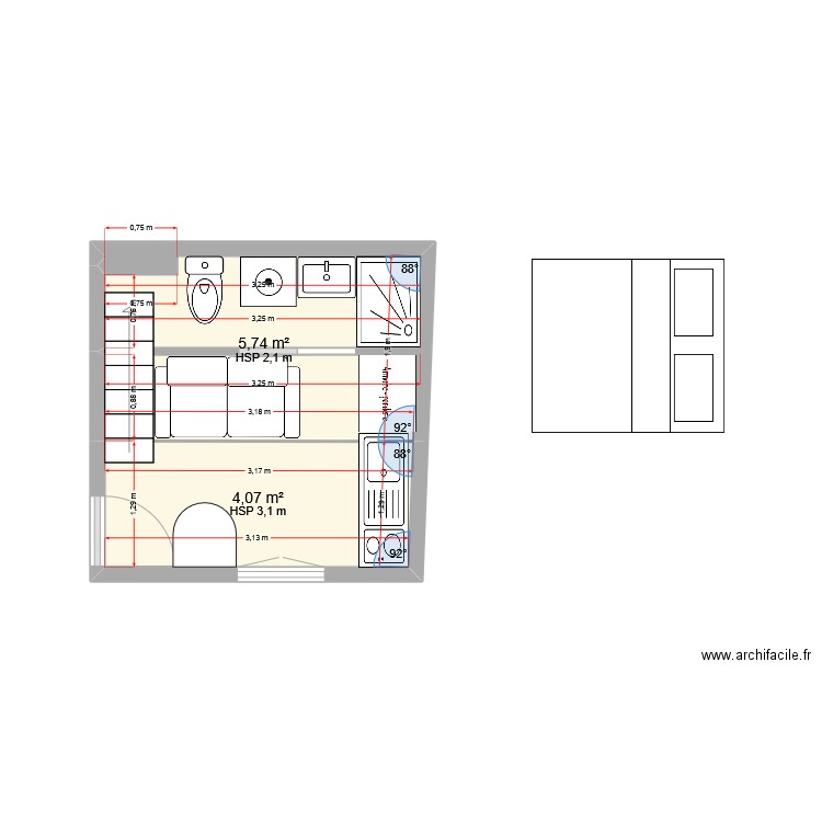 rennes du 30 / 03. Plan de 2 pièces et 10 m2