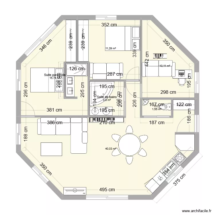 Maison hexagonale V1. Plan de 