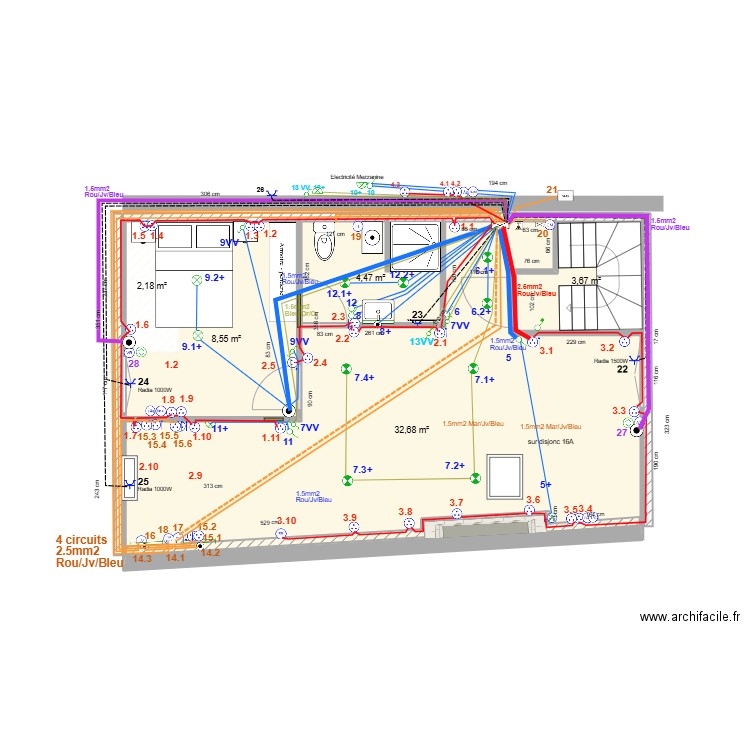 Appartement 3ème Electricité Ph2. Plan de 5 pièces et 52 m2