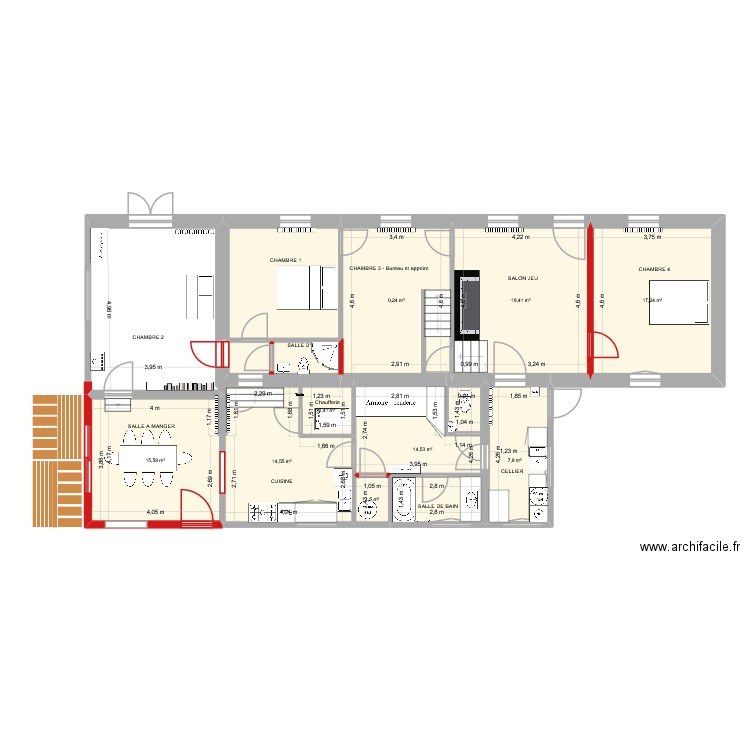 Les Hogues - Plan D. Plan de 16 pièces et 121 m2