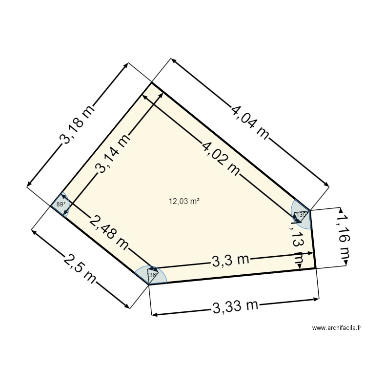 surface_plancher_. Plan de 1 pièce et 12 m2