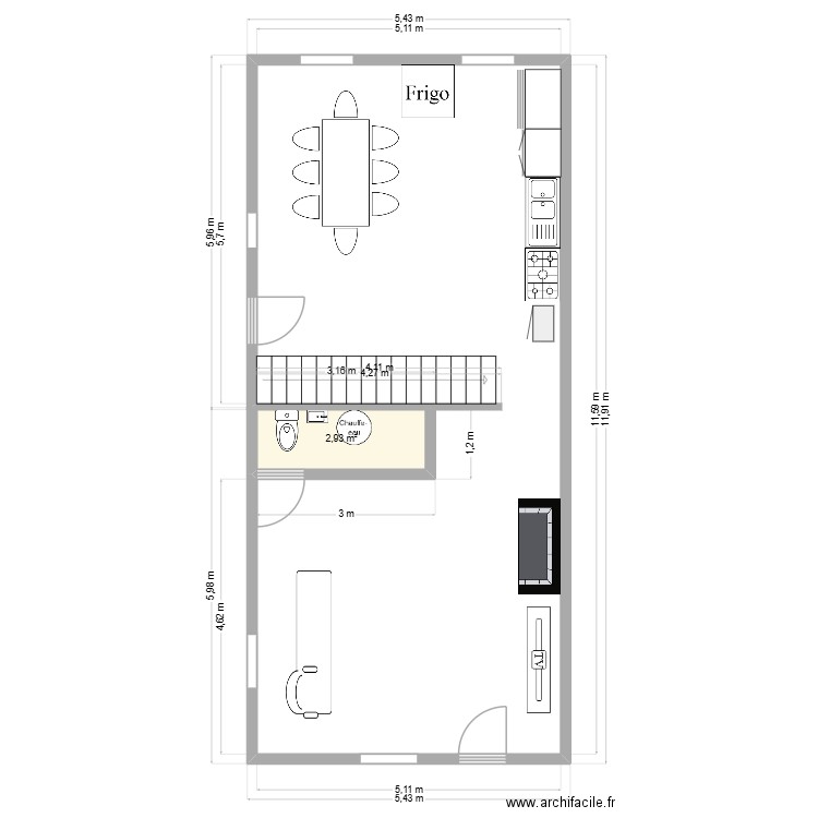 rdc. Plan de 1 pièce et 3 m2