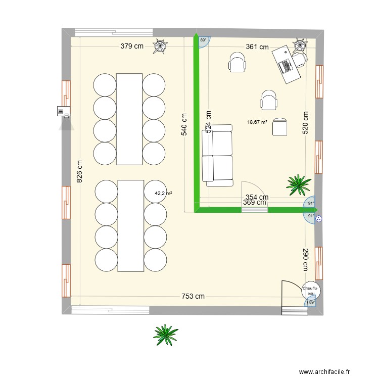 AMENAGEMENT SALON DE COACHING. Plan de 2 pièces et 61 m2