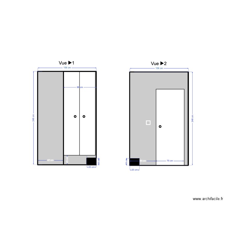 Suite parentale Vue 1 et 2. Plan de 2 pièces et 8 m2