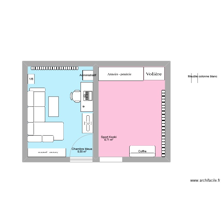 Chambres annexes. Plan de 2 pièces et 19 m2