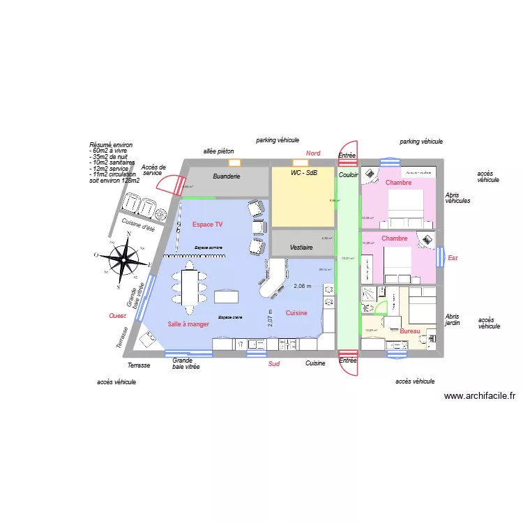 maison Eliane trap&eacute;zo&iuml;dale 08. Plan de 8  et 125 m²