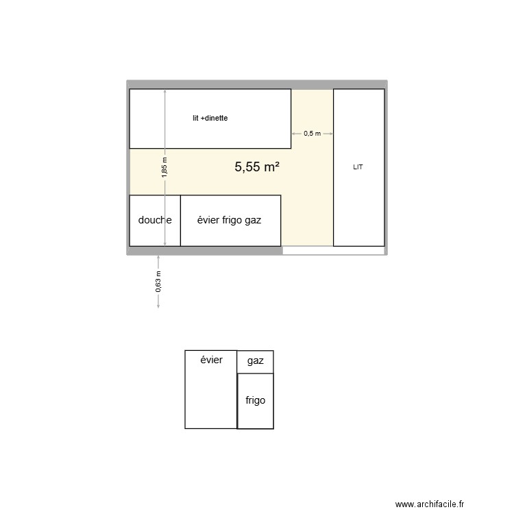 L2H2 dinette lit entrée. Plan de 1 pièce et 6 m2