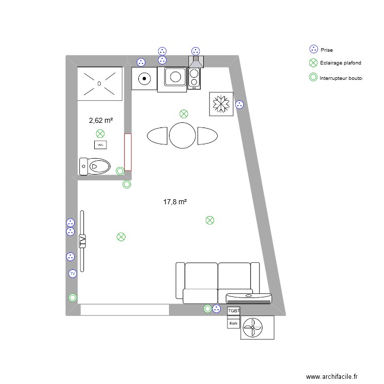 STUDIO 1 BLANC. Plan de 2 pièces et 20 m2
