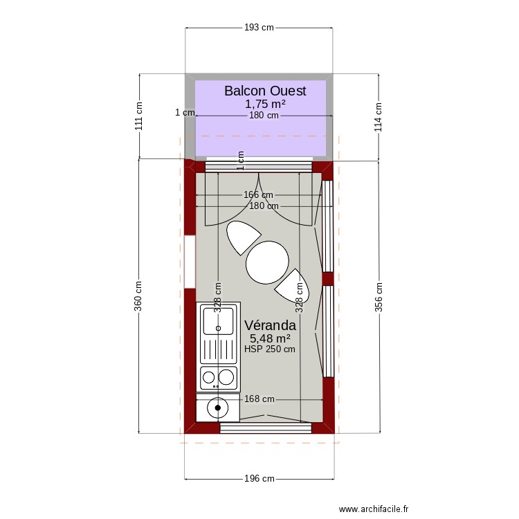 véranda balcon. Plan de 2 pièces et 7 m2