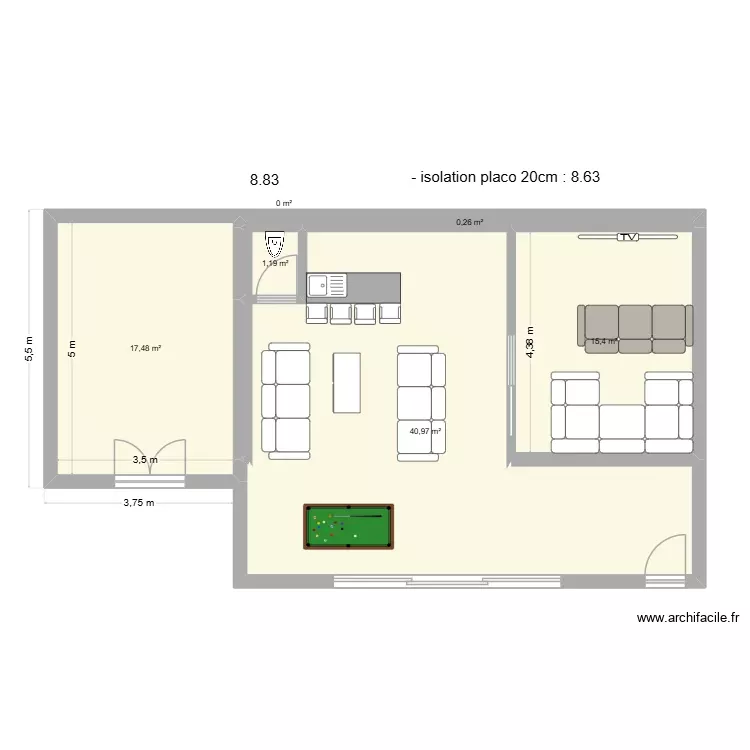 SALLE DE JEUX VERSION 5.5 +. Plan de 6 Pièces et 75 m²