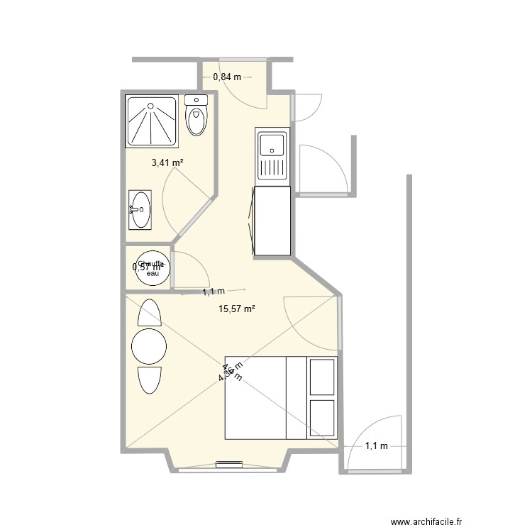 Chez Nathalie tout ouvert. Plan de 3 pièces et 20 m2