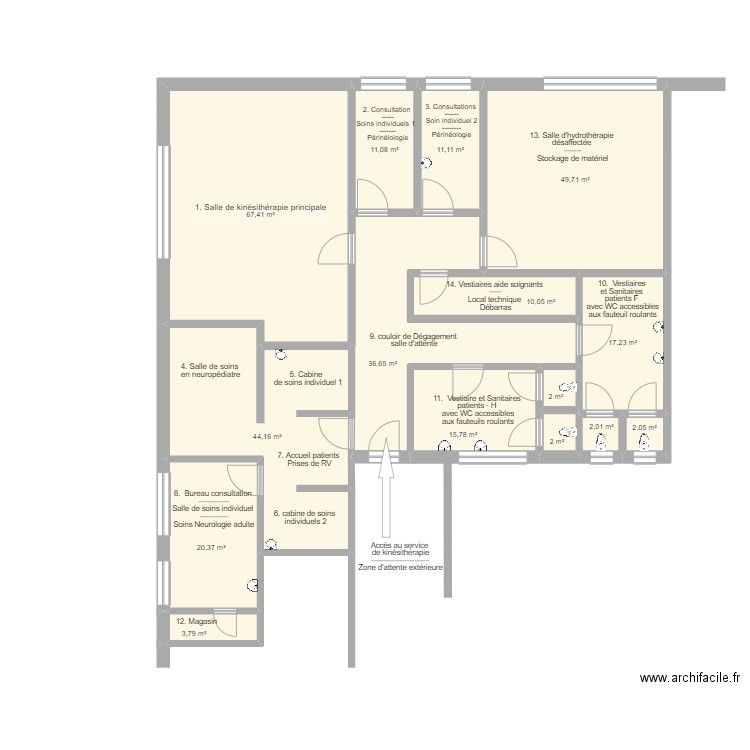 CHU de Kamenge - Service de kinésithérapie - réaffectation . Plan de 15 pièces et 295 m2