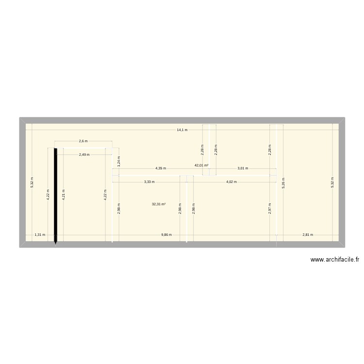 Grand Ateleir BLANC. Plan de 2 pièces et 74 m2