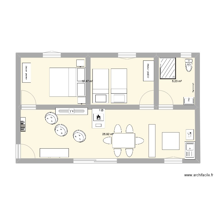 potrou2. Plan de 3 pièces et 50 m2