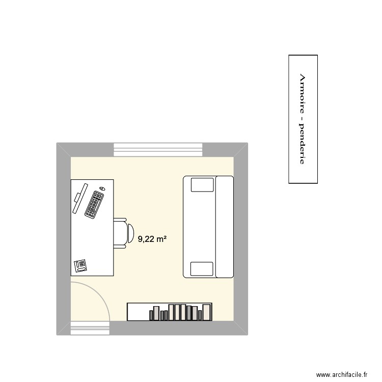 Chambre 1 bureau - EPEVE. Plan de 1 pièce et 9 m2