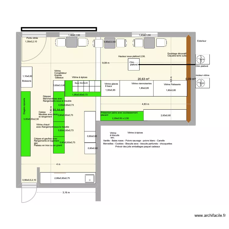 Patisserie. dimensions meubles. 4. Plan de 3  et 52 m²