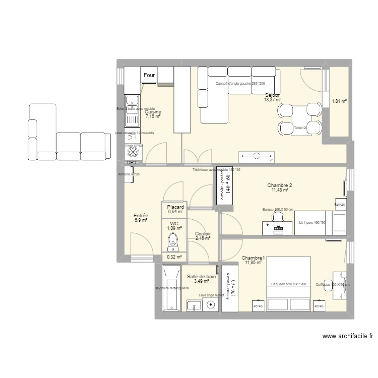 raspail. Plan de 12 pièces et 65 m2