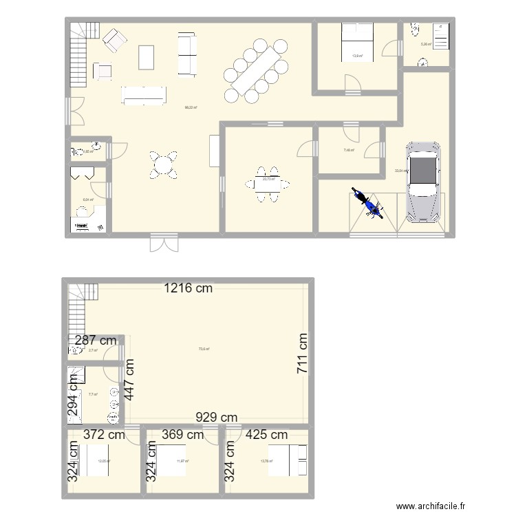 RDC Batiment colonnes rondes. Plan de 14 pièces et 311 m2