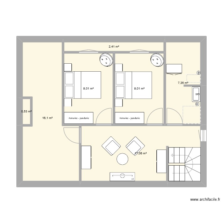Ploug étage. Plan de 7 pièces et 61 m2