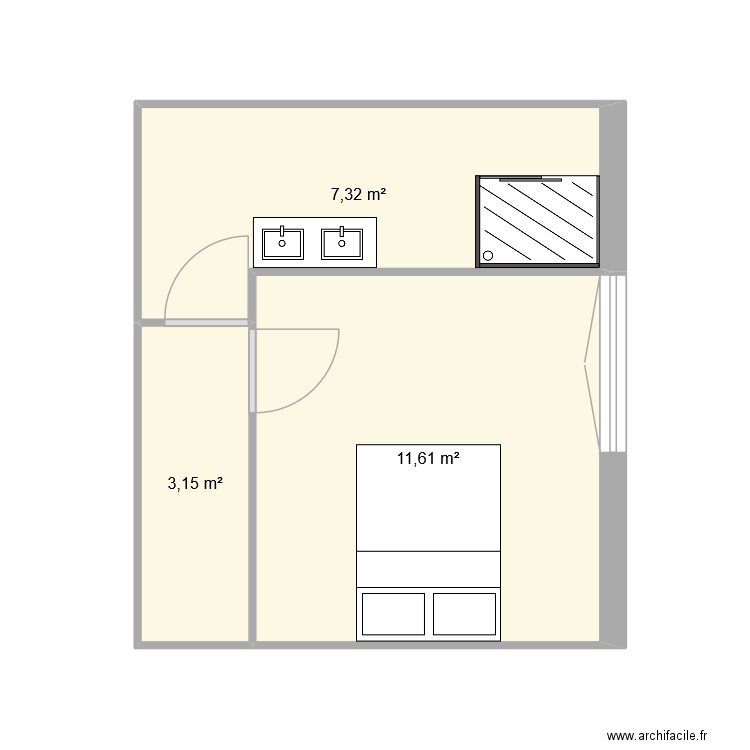 hut. Plan de 3 pièces et 22 m2