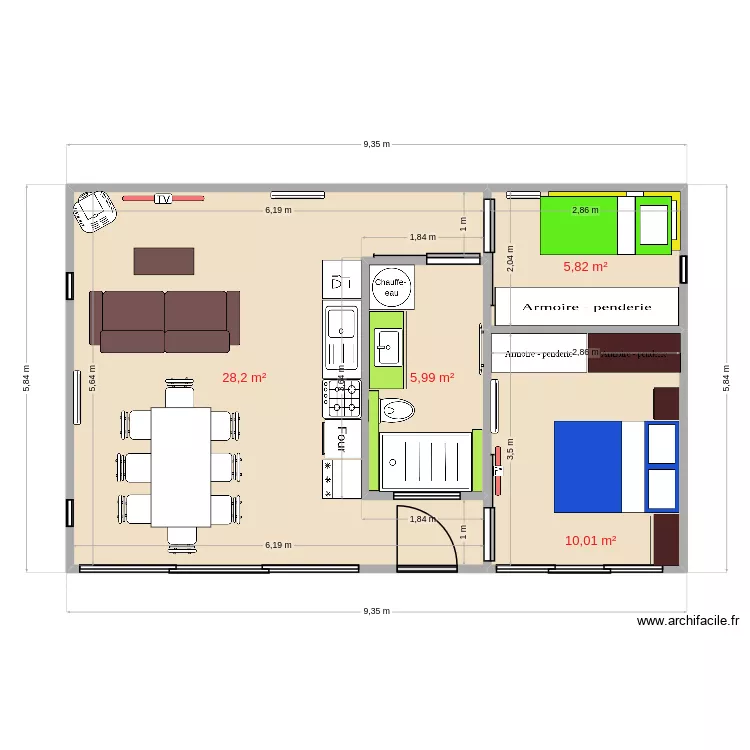 2ch 50m2. Plan de 4  et 50 m²
