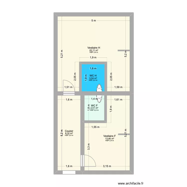 Vestiaires CFGL. Plan de 5  et 49 m²