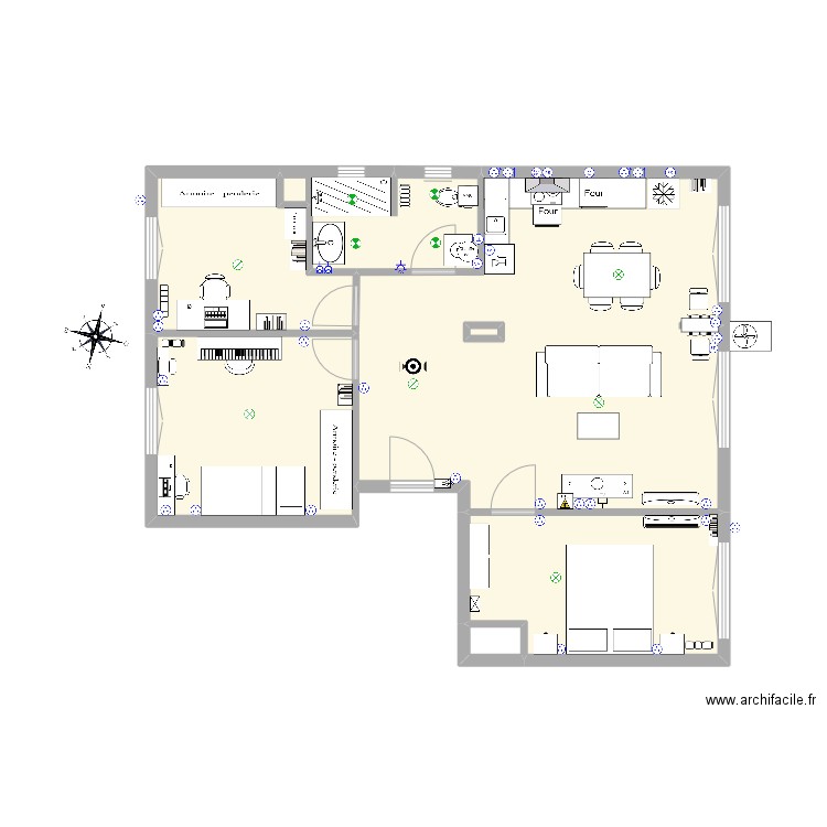 Projet2 Variante cuisine américaine. Plan de 6 pièces et 70 m2