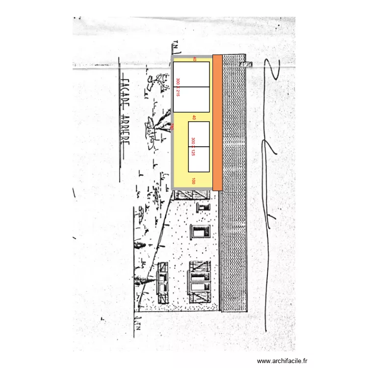 Fa&ccedil;ade arri&egrave;re v&eacute;randa. Plan de 