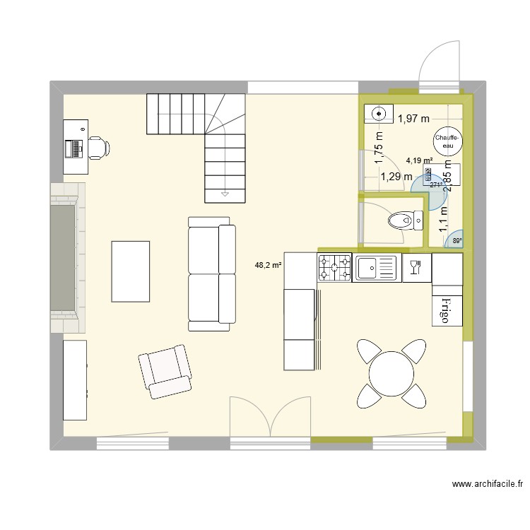 Isergues RDC. Plan de 2 pièces et 59 m2
