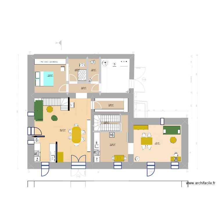 logements 3 et 4. Plan de 14 pièces et 178 m2