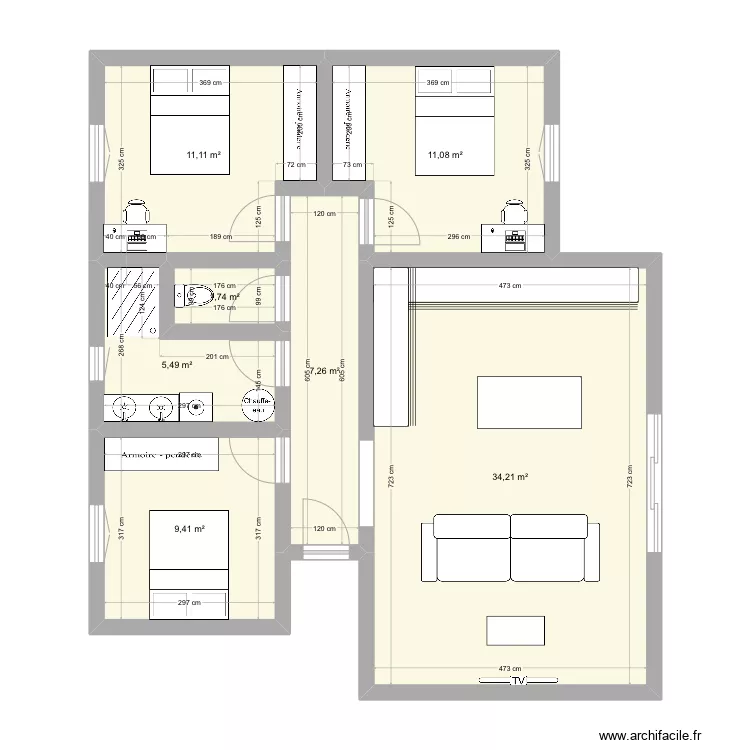 Maison plain pieds . Plan de 