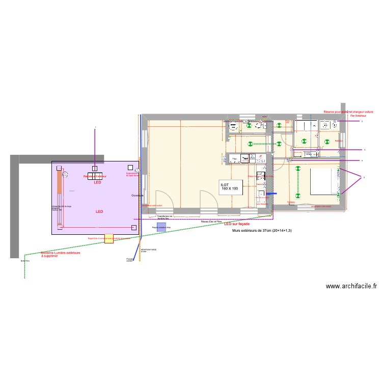 Plan Elec au 25 février 2025 Réunion de Chantier. Plan de 3 pièces et 74 m2